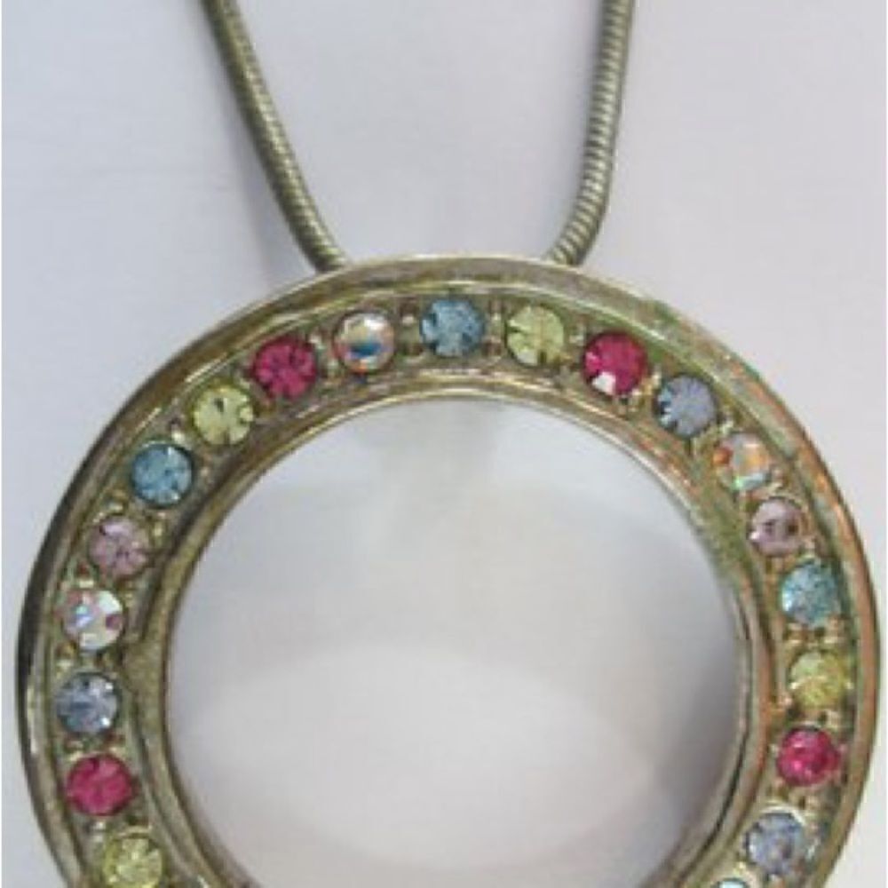 Vintage Chain Necklace With Multicolor Rhinestone Circle Drop Pendant. - Picture 2 of 6
